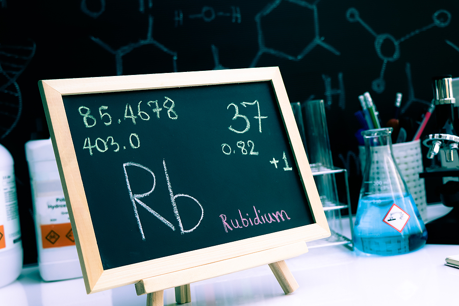 chemistry classroom, Rubidium symbol written on chalk board